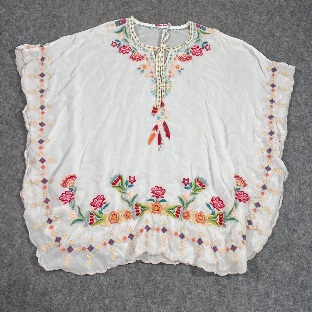 Johnny Was White‎ Floral Embroidered Tie Bust Poncho Blouse Women's Size Small
